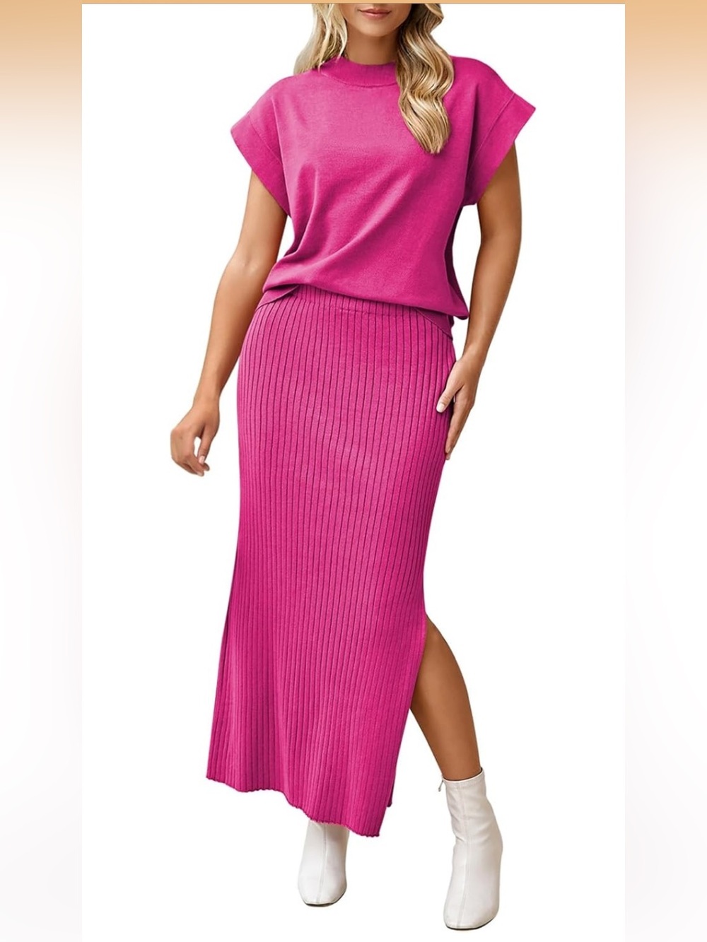 Women's Ribbed Midi Skirt set - Fuchsia Pink women two piece small summer outfit